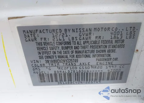 2022 Nissan Sentra Sv Xtronic Cvt z USA, uszkodzony, nr VIN 3N1AB8CV2NY225749